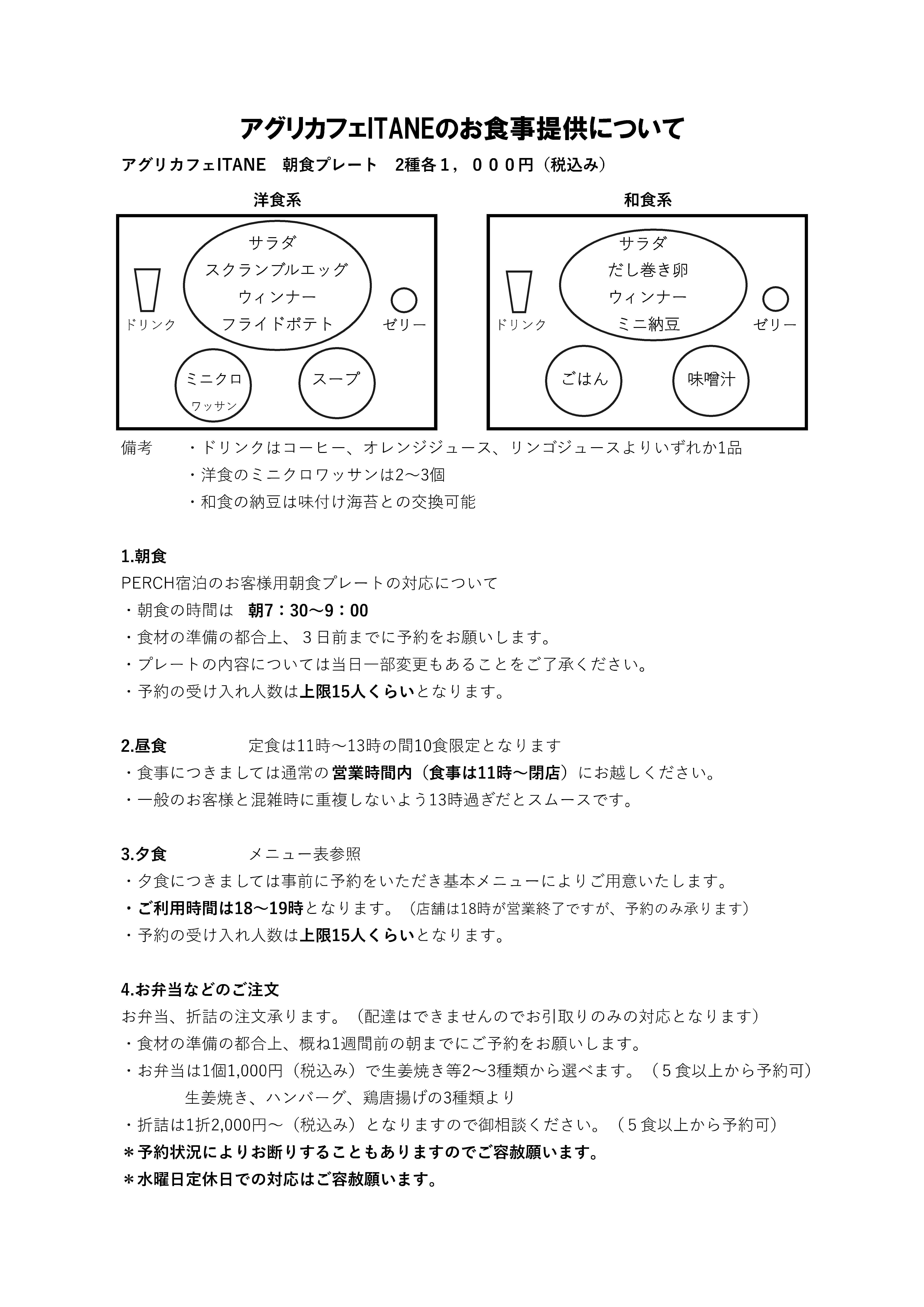 【PERCH宿泊者限定】ITANE食事提供メニュー
